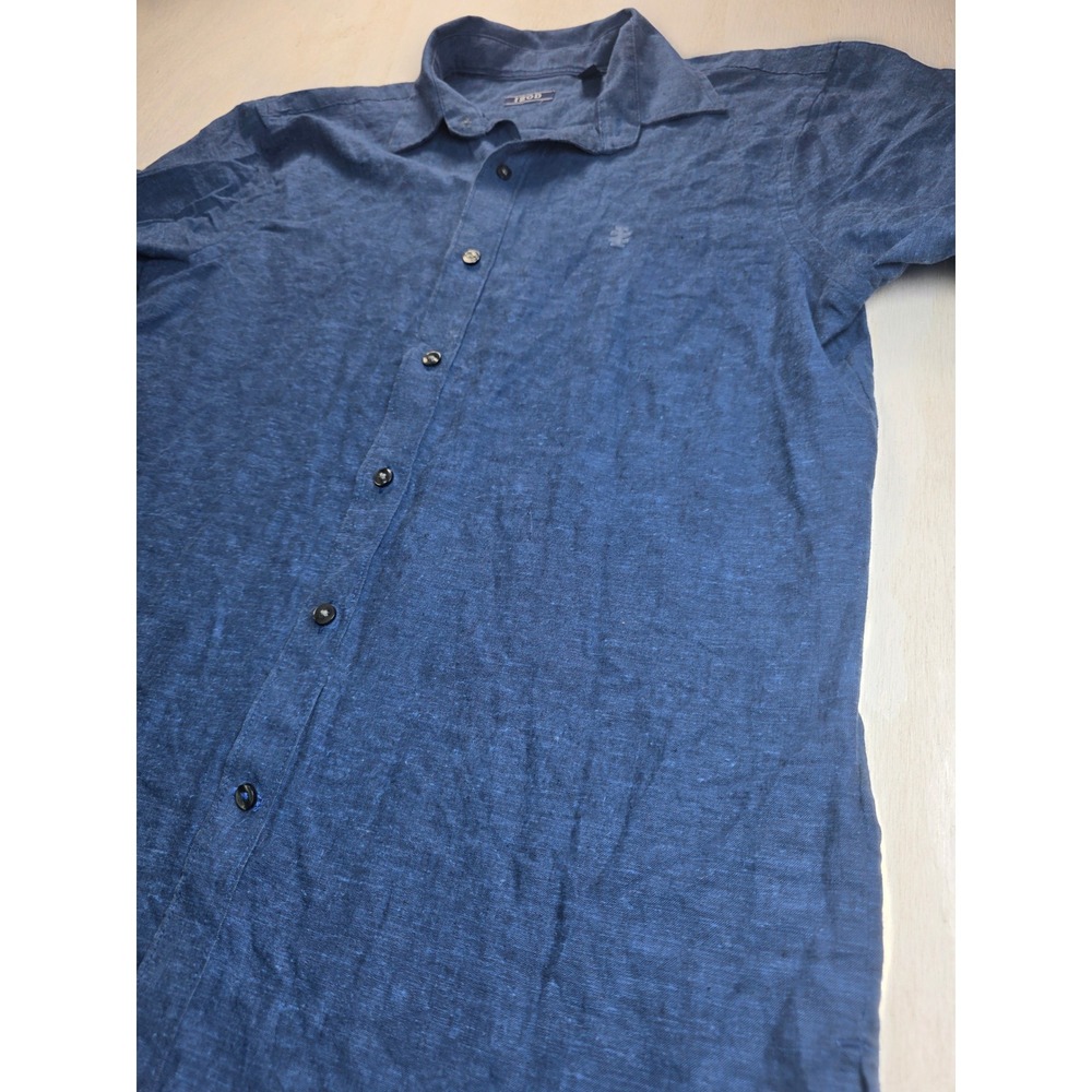 IZOD Mens Blue Linen Blend Short Sleeve Button Down Shirt Classic Minimalist M